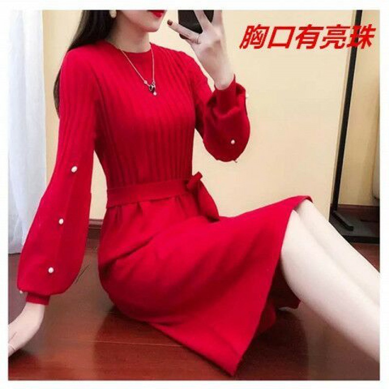 autumn winter o-neck midi sweater dress women A-Line midi sweater dress with belt elegant a-line solid loose dress 220316