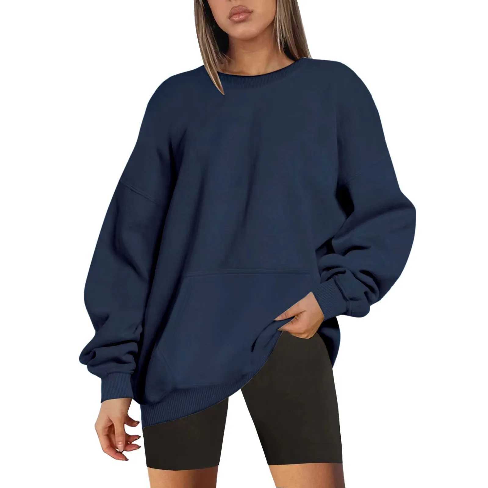 WomenS Solid Color Round Neck Oversized Sweatshirt Loose Fit Long Sleeve Light Sweatshirt Loose Blouse Blank Sweatshirts WomenX241016