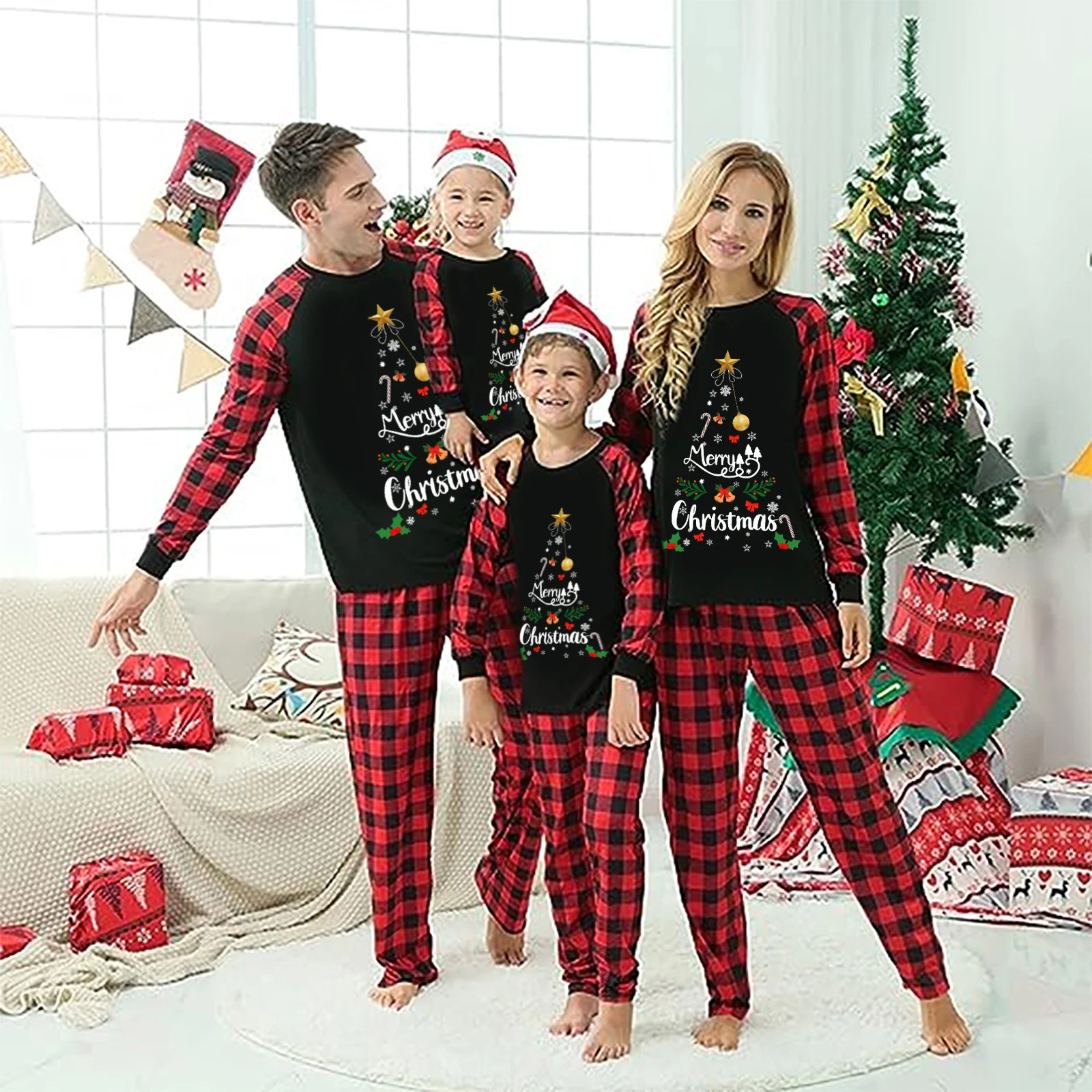 Christmas Family Pajamas Matching Set Long Sleeve Letters Print Tshirt with Plaid Pants Sleepwear Loungewear 241017