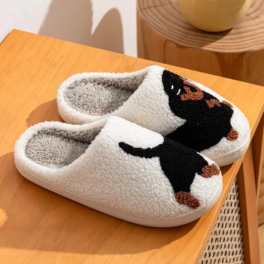 Winter womens slippers cute and interesting cartoon little black dog indoor warm and comfortable family bedroom soft plush shoesCL241017