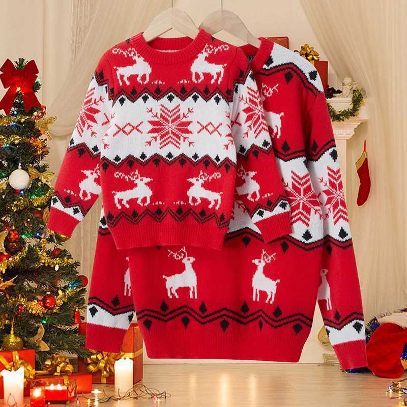 Christmas Mother and Daughter Sweater Snowflake Pattern Long Sleeve Pulling Flower Knitted Parachute Family Matching Clothing Children 2-6Y W241015