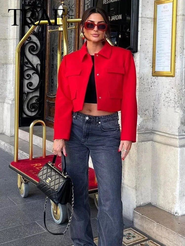 TRAF Womens Fashion Autumn Casual Loose Red Coat with Collar Slim Fit Single Chest Front Warmth Womens Fashion Jacket Y2K 241017