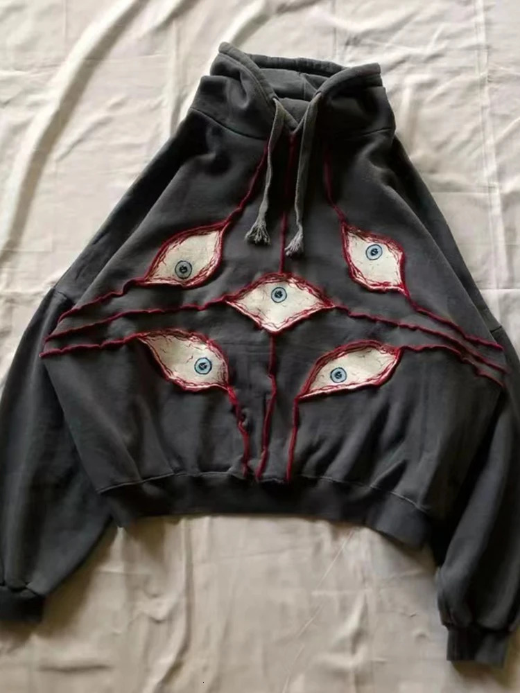 Y2K Hoodie Hip Hop Gothic Eye Patchwork Loose Pullover Womens American Retro Street Y2k Sweater Punk Street Casual Clothing 241017