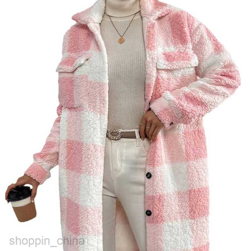 Women Jackets Coats Autumn and Winter Open Collar Plush Checkered Coat Loose Temperament Commuter Long Coat for Women
