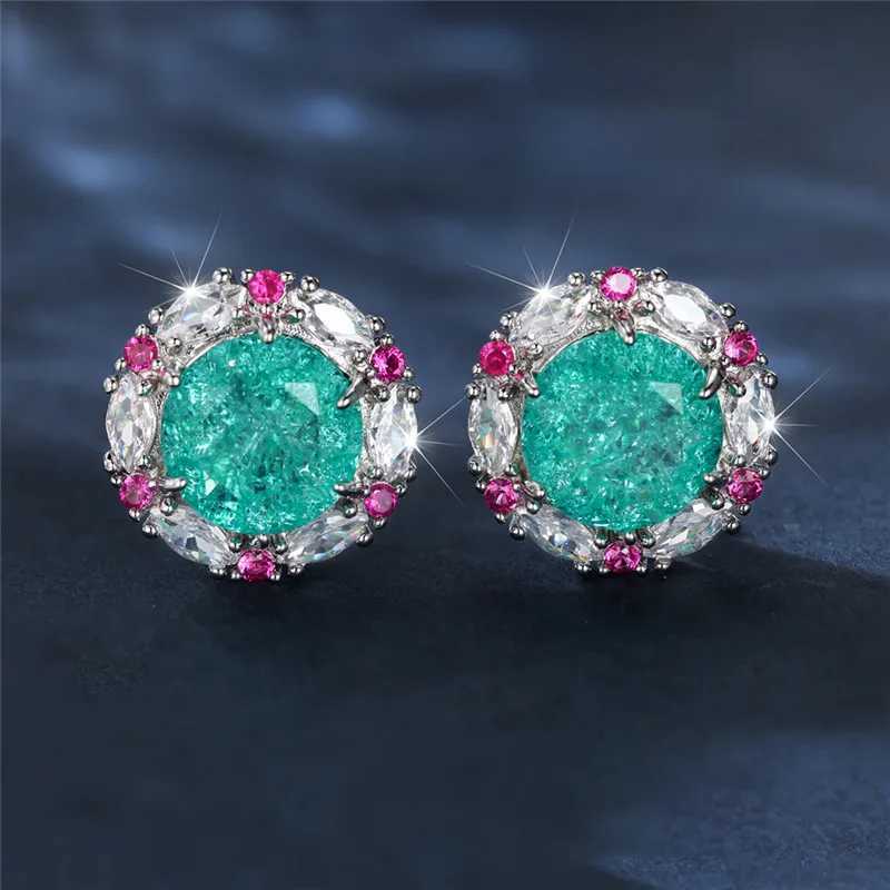 Green Ice Flower Zircon Clip Earrings Luxury Rose Red Crystal Round Stone Earrings Womens Classic Silver Wedding Jewelry W241017