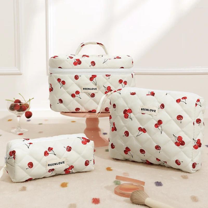 Free Shipping Cosmetic Bags 3pcs Aesthetic Organizer Set Quilted Cotton Sweet Women Makeup Pouch Cherry/heart Pattern Skincare Clutch Toiletry Bag