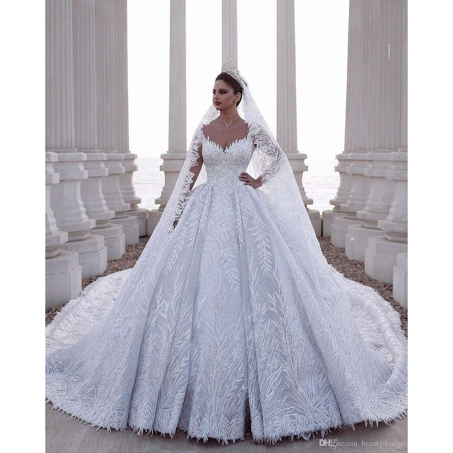 Ball Gown Beaded Urious Wedding Dresses Arabic Modest Long Sleeve Lace Tulle 3D Appliques Sequins Fitted Bridal Gowns Plus Size s