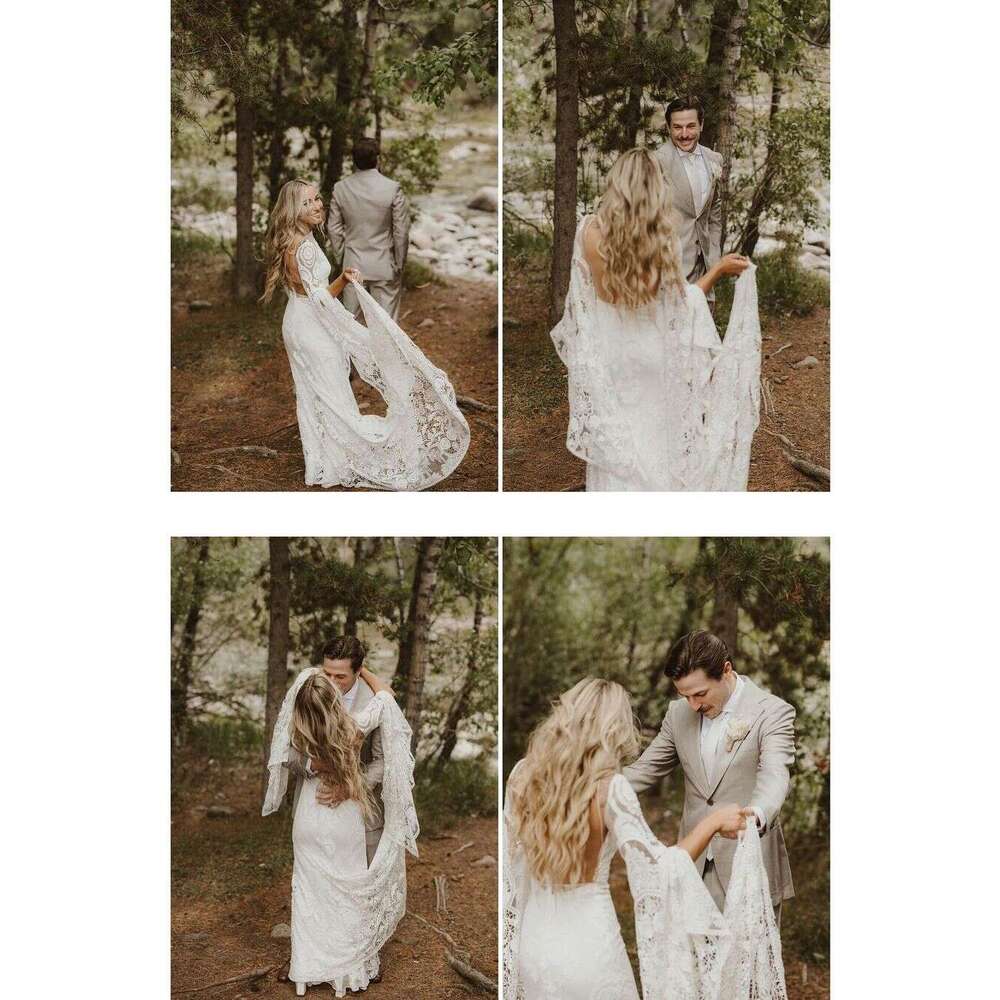 Xunbei Boho Wedding Dress For Women Lace Appqulies Trumpet Sleeves Illusion Mermaid Dresses Countryside Pastrol Party Bride Gown Bc19639 0213
