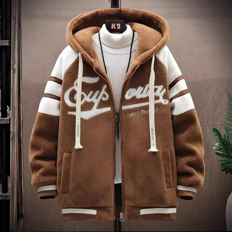 Autumn mens jacket Korean fashion streetwear Harajuku winter gray hooded casual clothing wool warm 241007