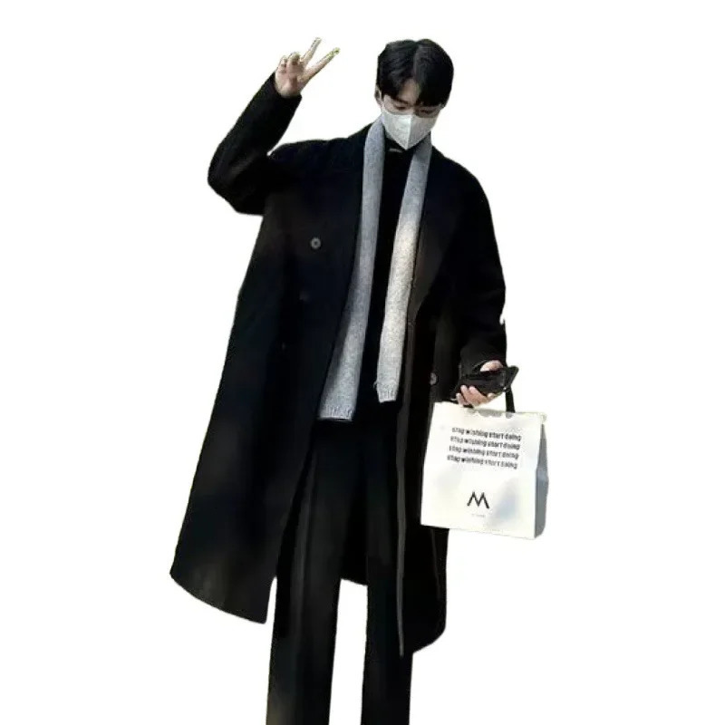 Medium-length Woolen Overcoat For Men Black Autumn Winter Thickened Jacket Trendy Korean Style Casual Clothes 241017