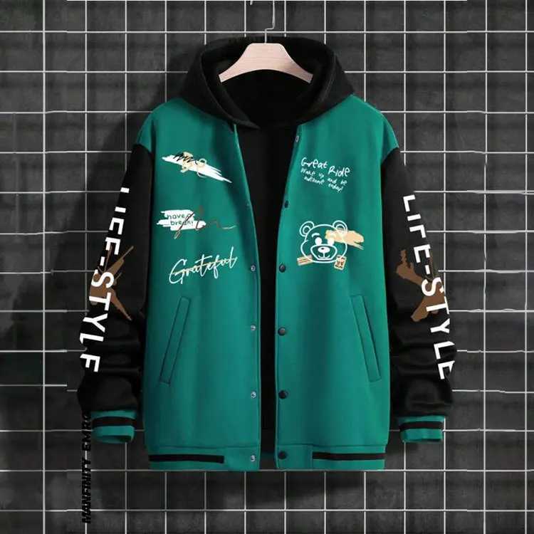 Mens baseball jacket High Street Fashion mens loose casual jacket wool insulated spring and autumn hooded sweatshirt M241017