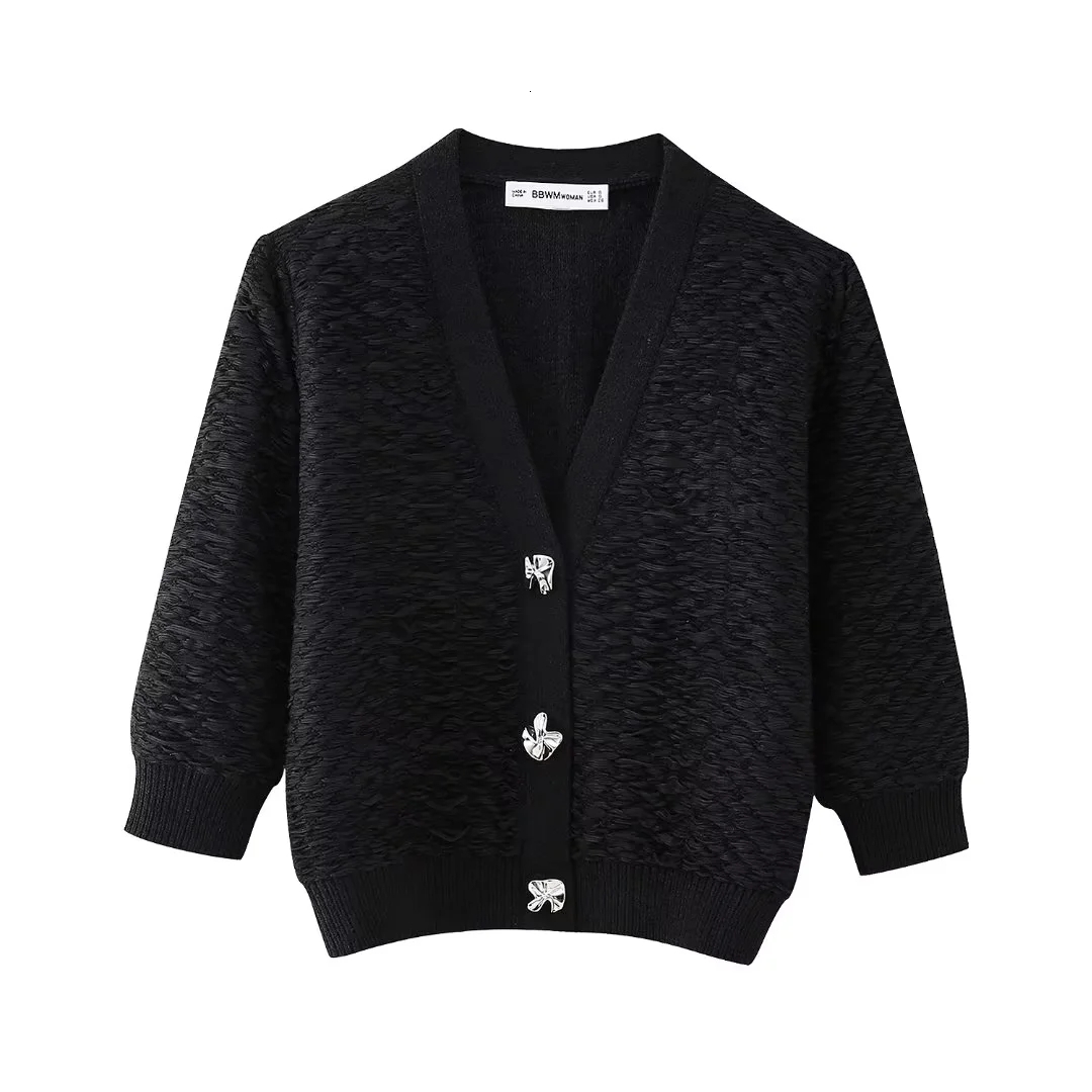 Knitted Cardigan Women's Knitwear Black Short Sleeve Cropped Tops Solid Sext Elegant 2024 Summer Inszartrafz Woman Jumper