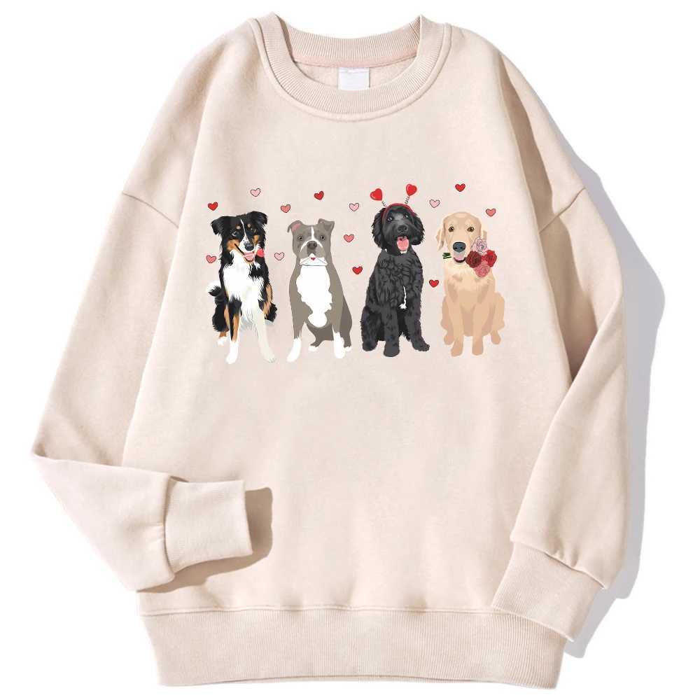 Cartoons WomenS Hoodie Lovely Dogs Heart Printing Sweatshirt Loose Crewneck Warm Fleece Pullover Autumn Winter StreetwearX241016