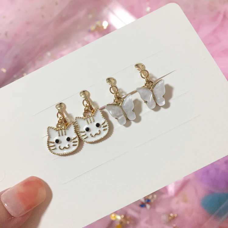 2 pairs/set 2 pairs/set newly arrived cute white cat butterfly clip earrings for children and girls jewelry without perforations for children W241017