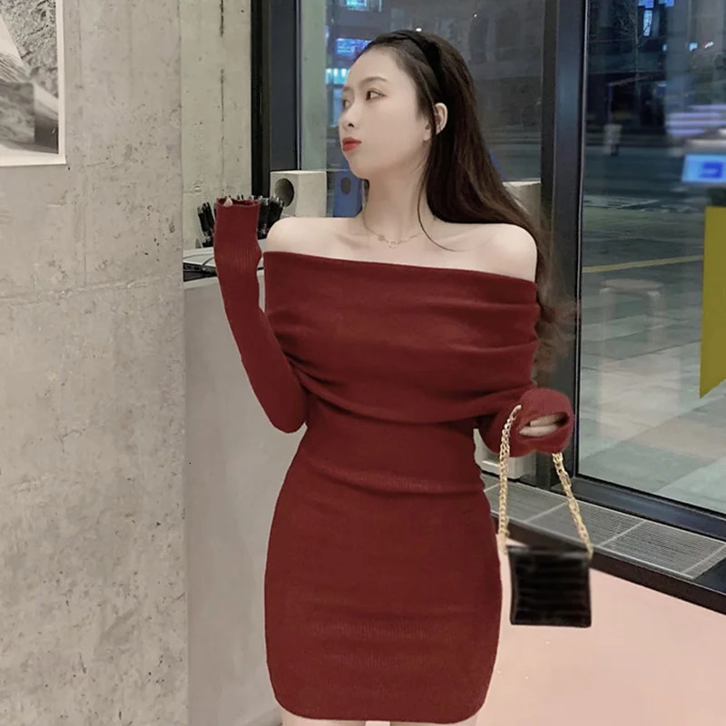 Autumn Winter Christmas Off Shoulder Red Womens Dress Slim Sexy Fashion Temperament Dresses 241017