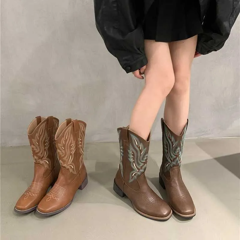 Retro Style Embroidery Women Designer Boot Western Cowgirl Boots Fashion Zippers Mid Calf Booties Square Heels Autumn Winter Shoes H240709