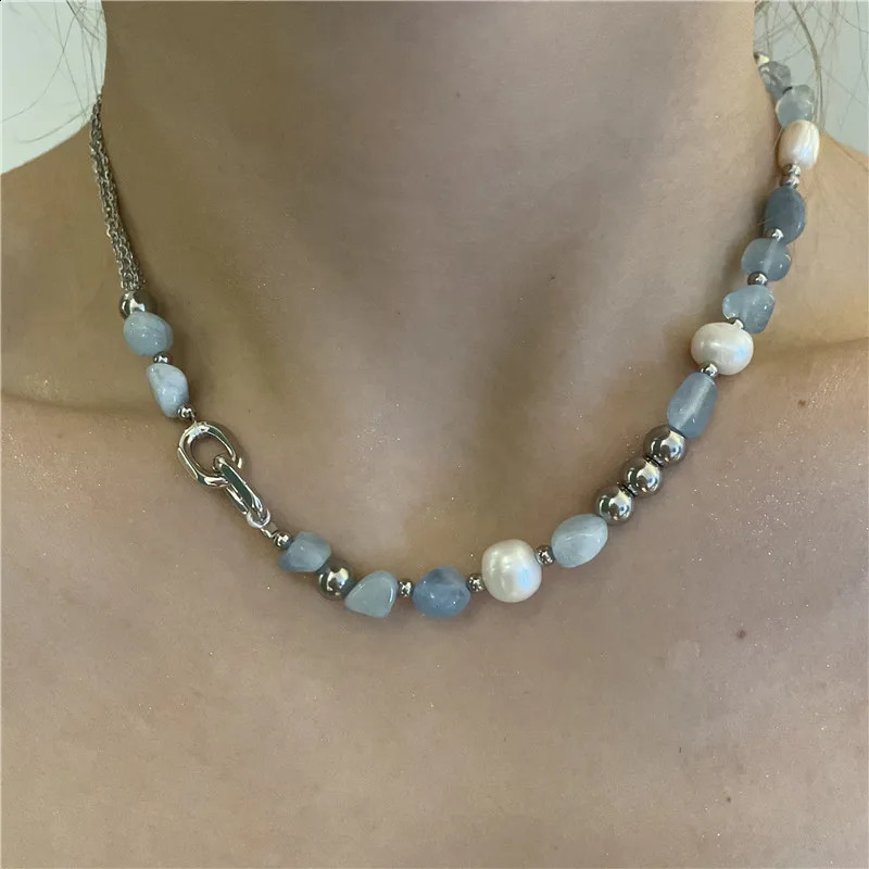 Xiaoluoke Fashion Blue Natural Stone Mixed Freshwater Pearl Summer Irregular n Bead Necklace Bridal Jewelry Gift 241017