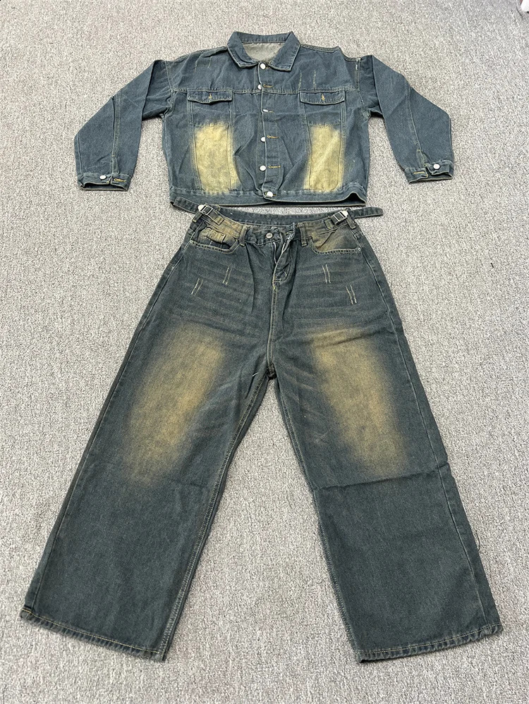 Two Piece Setsingle Spring Autumn Jackets Jeans Tracksuit Trendy Vintage Loose Washed Old Set Male Street Outerwear 241017