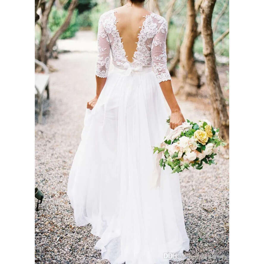 Lace Bohemian Wedding Dress Applique V-Neck 3/4 Long Sleeves Low Back A-E Summer Garden Bridal Gowns Plus Size Cheap