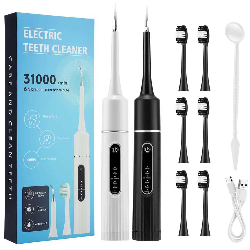New Arrival Electric teeth cleaner sonic vibration dental dial calculus Tatar teeth removal whitening tool 6 toothbrush heads G241017