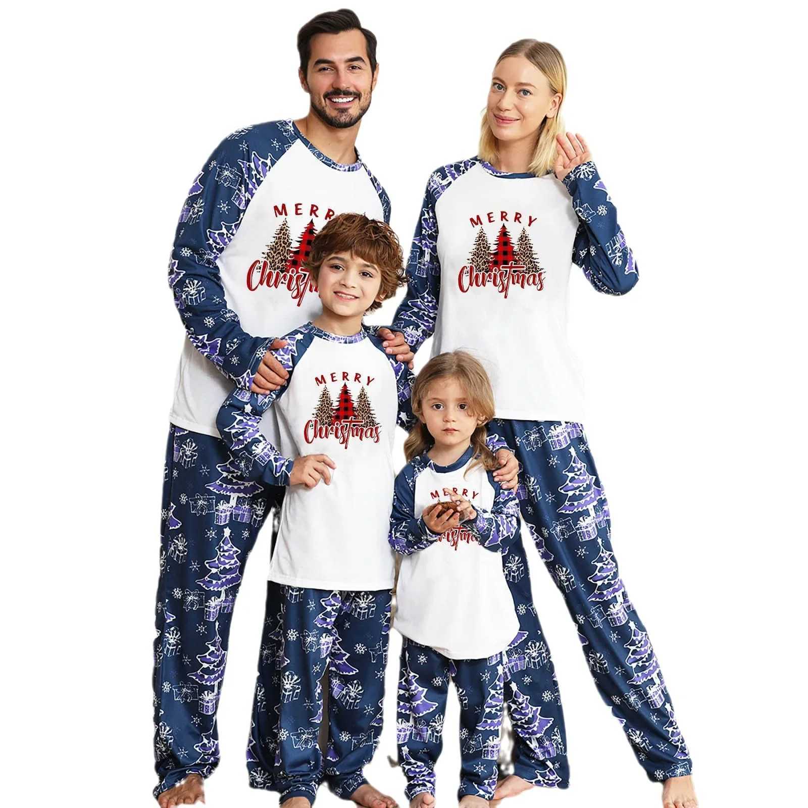 Christmas pajamas family matching set cartoon print blue patch work 2-piece pajamas set baby jumpsuit casual loose sleepwear W241015