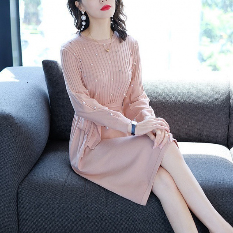 autumn winter o-neck midi sweater dress women A-Line midi sweater dress with belt elegant a-line solid loose dress 220316