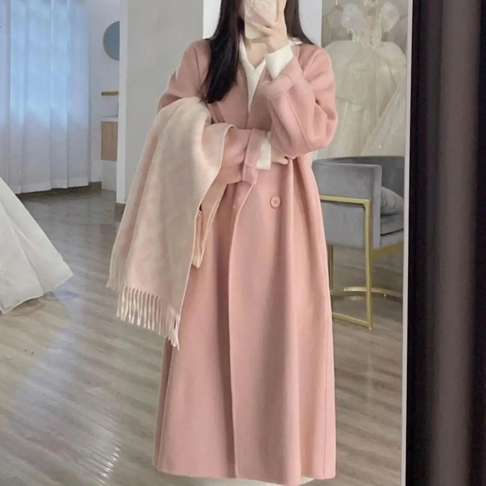 Women Loose Jacket Double-breasted Mid Length Trench Coat for Women Windproof Warm Overcoat with Lapel Pockets Fall Winter 241017