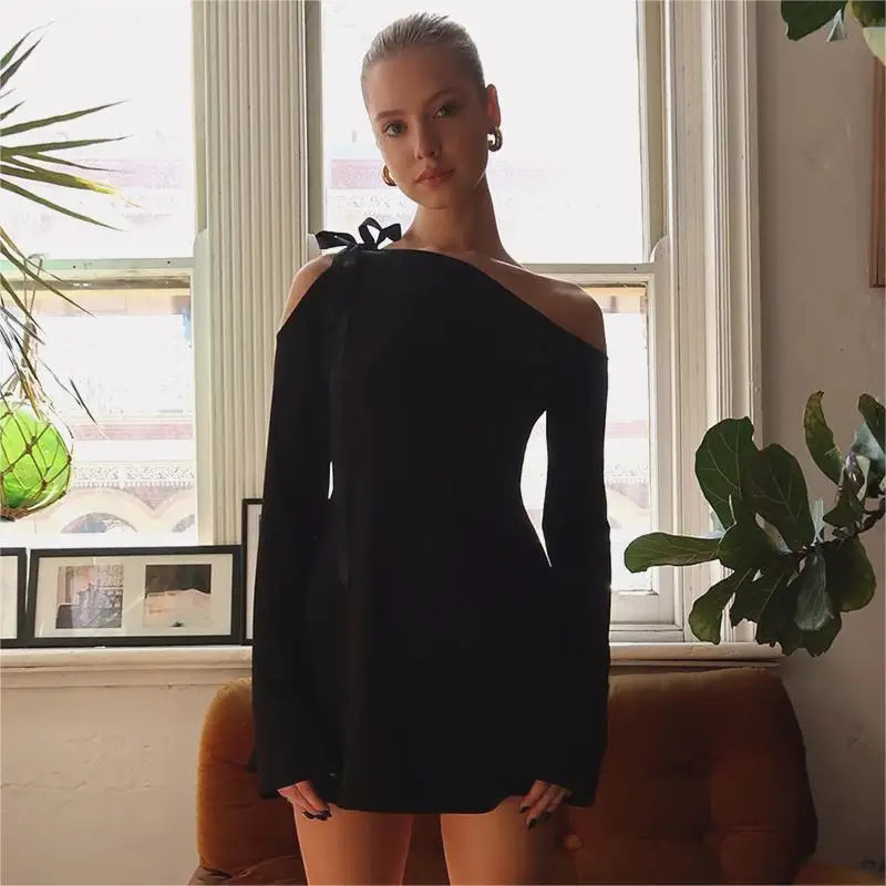 Long Sleeve Mini Dress Hollow Out Bandage Dress Women Off Shoulder Party Dresses Above Knee Autumn Winter Streetwear Black Dress 241017