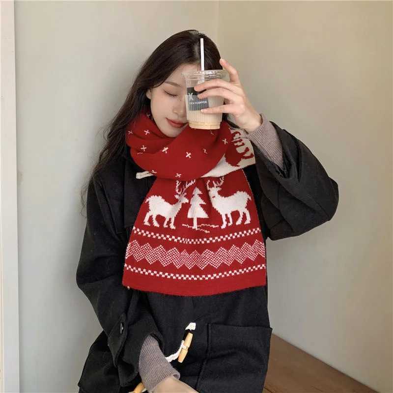 Christmas Red Deer Scarf Cartoon reindeer snowflake Warm Scarf Mens Ten Thousand Christmas Scarves Warm Sweet Girl 2024 Gift X2410171