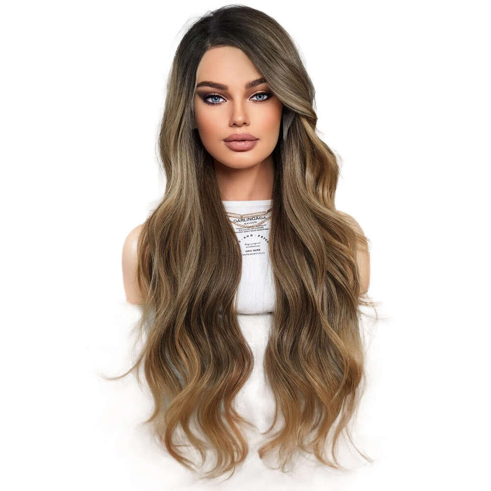 T Women's Wig Side With Brown Gradient Waves, Long Rolled Synthetic Lace Wig, Full Top