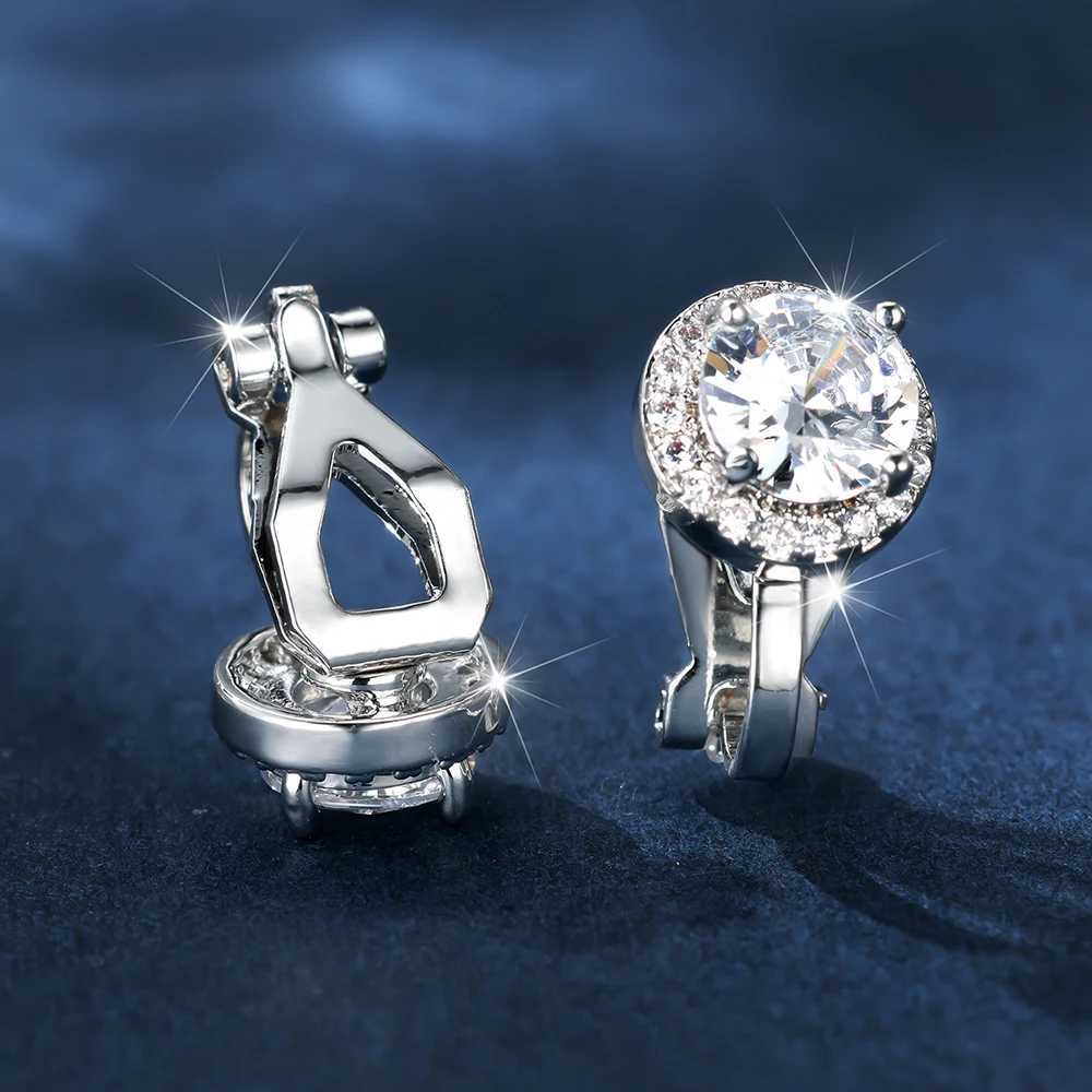 Luxury womens white zircon round clip earrings suitable for women silver bridal engagement and wedding ear clip non perforated jewelry CZ W241017