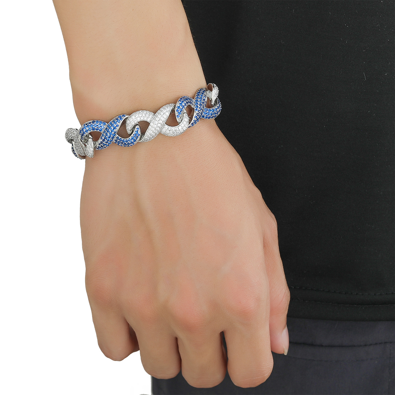 15mm 8 Shape Infinite Chain Cuban Chain 18K Real Gold Plated Blue Zircon Jewelry