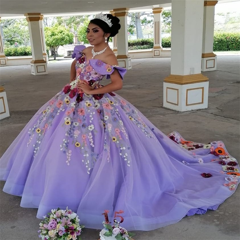 Beautiful Lilac Quinceanera Dresses Off Shoulders Colorful Flowers Princess Vestido De 15 Anos Debutante Charro Sweet 16 Dress Party Birthday Formal P
