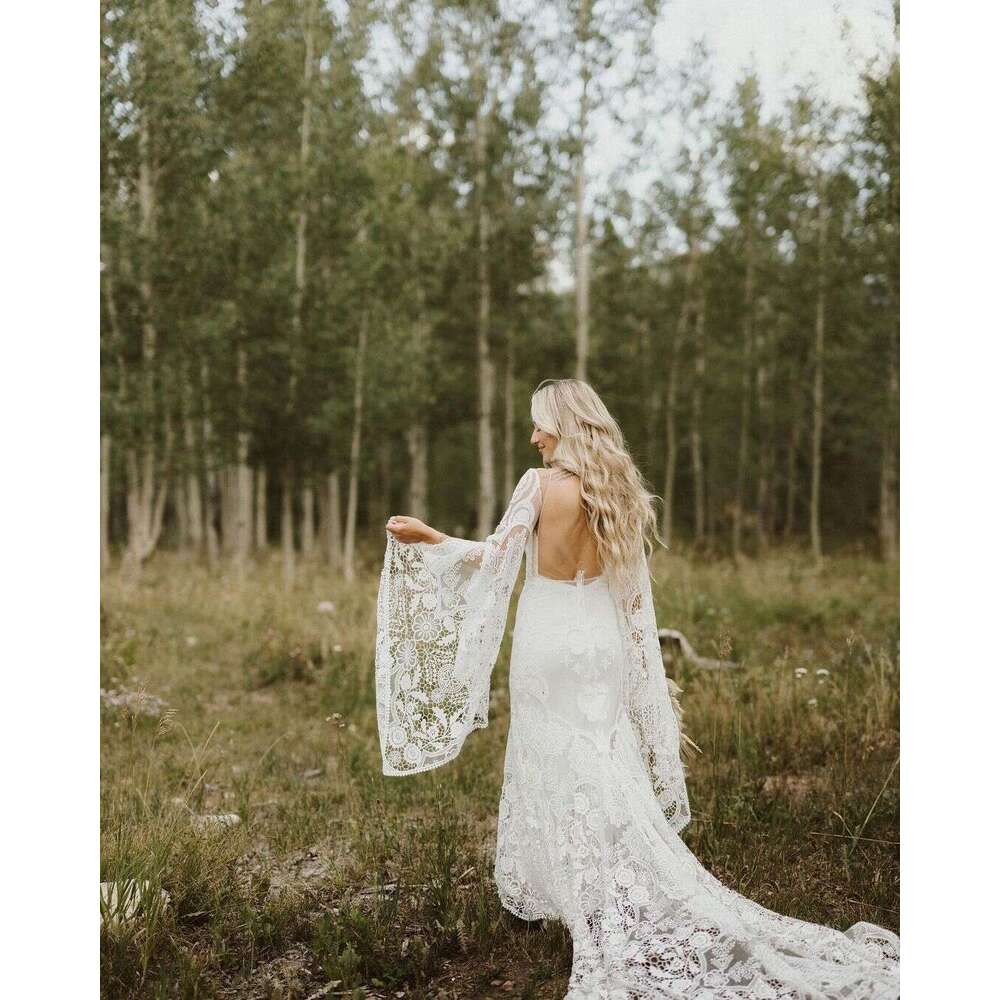 Xunbei Boho Wedding Dress For Women Lace Appqulies Trumpet Sleeves Illusion Mermaid Dresses Countryside Pastrol Party Bride Gown Bc19639 0213