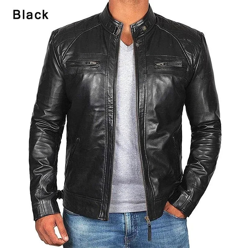 Plus Size Jacket S-5XL Mens Autumn Winter Leather Jacket Casual Stand Collar Motorcycle Biker Coat Zip Up Outwear 241017