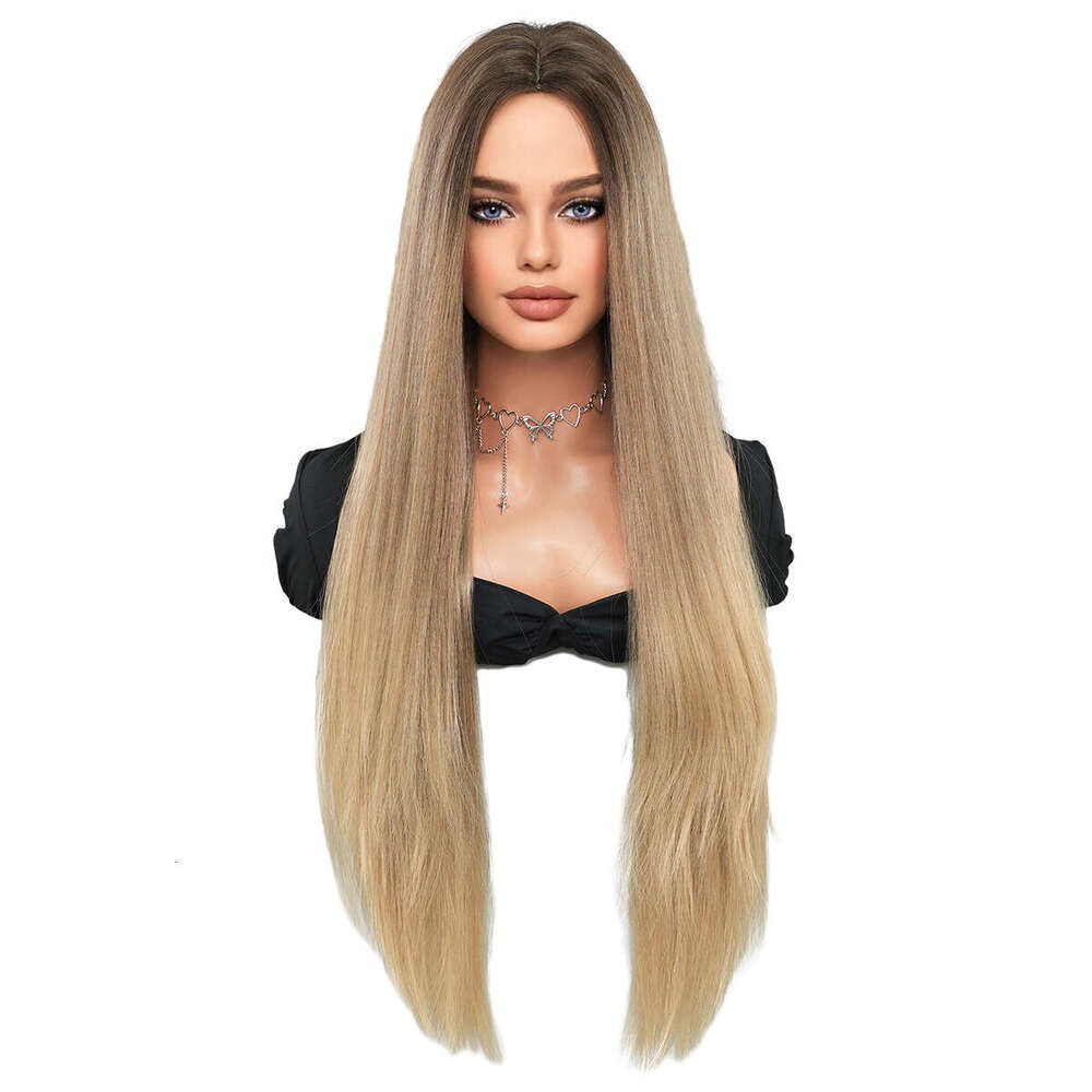 Blonde Women's Extra Long Medium Split Straight Hair Full Headset Nordic Natural Gold Gradually Changing Fiber Wig