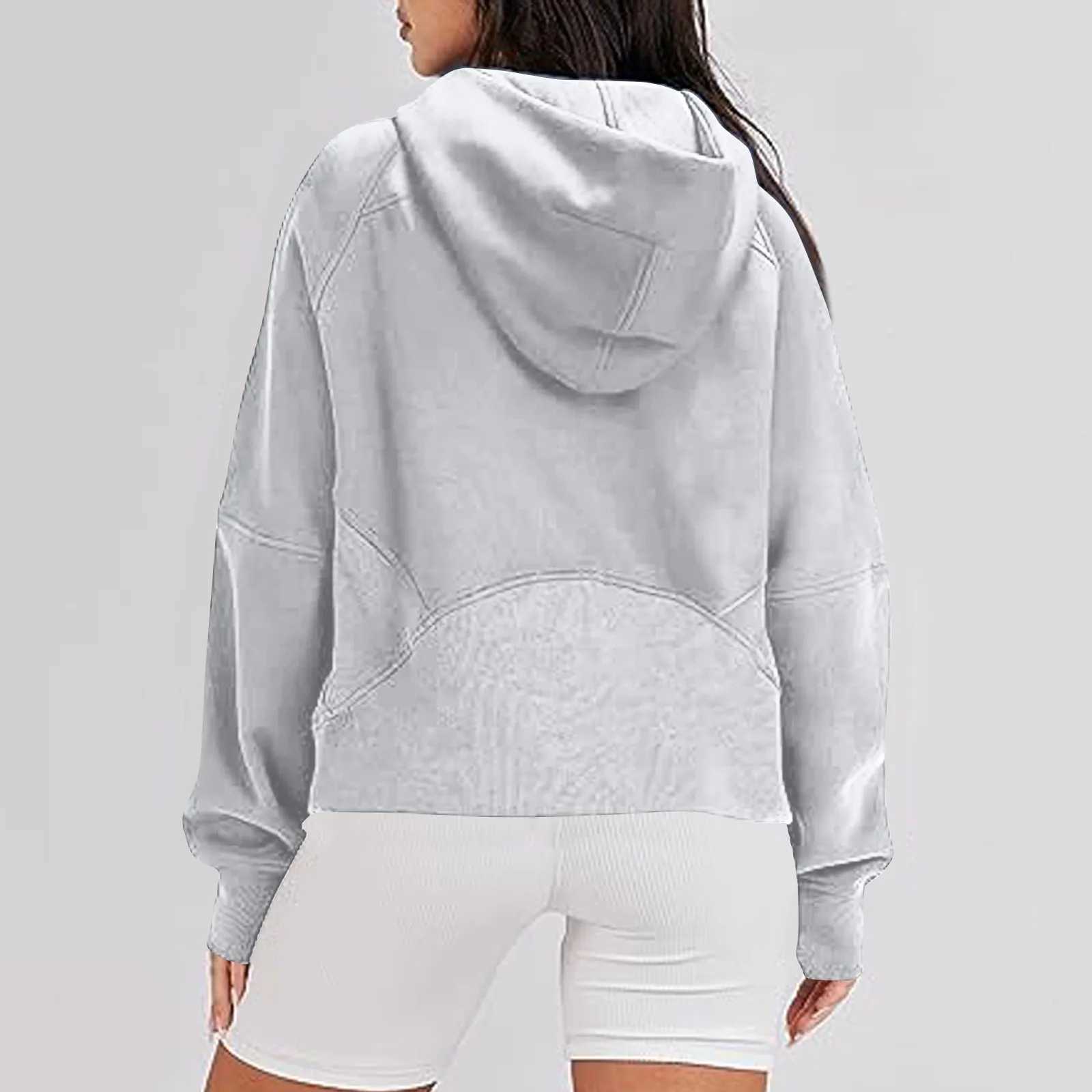 Autumn and Winter Womens Hoodies Solid Color Loose Short Half Zip Pockets Thumb Hole Long Sleeve Pullover SweatshirtsX241016