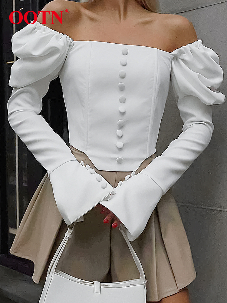 OO Elegant White Lantern Sleeve Blouse Street Single Breasted Irregular Shirts Sexy Crop Top Square Collar Tops Ladies 2024