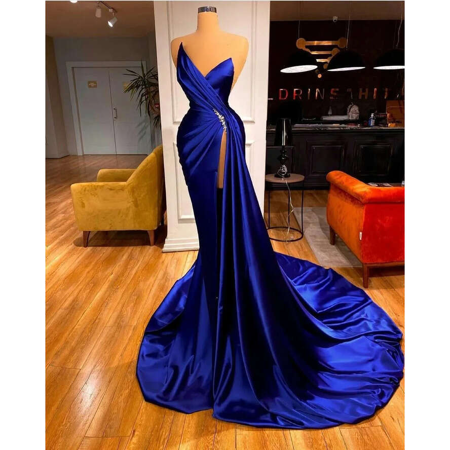 Evening Blue 2022 Royal Dresses Crystal High Side Split Satin Mermaid Prom Dress Custom Made Formal Celebrity Gowns Pro232