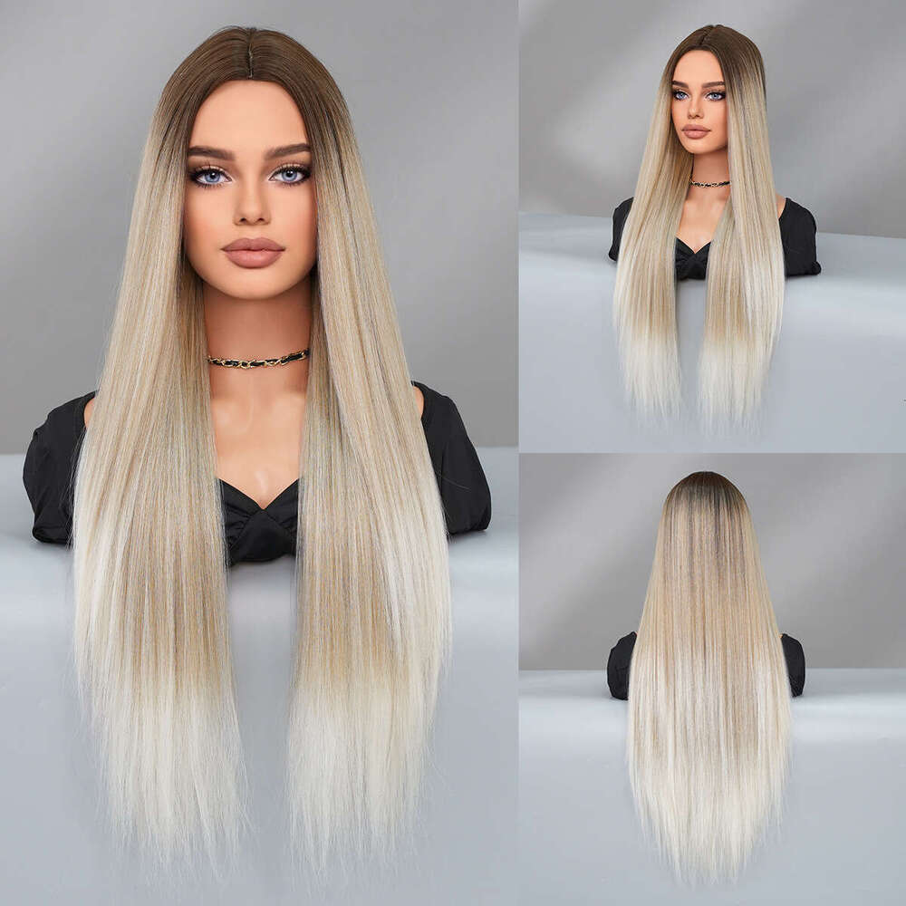 Blonde Women's Extra Long Medium Split Straight Hair Full Headset Nordic Natural Gold Gradually Changing Fiber Wig