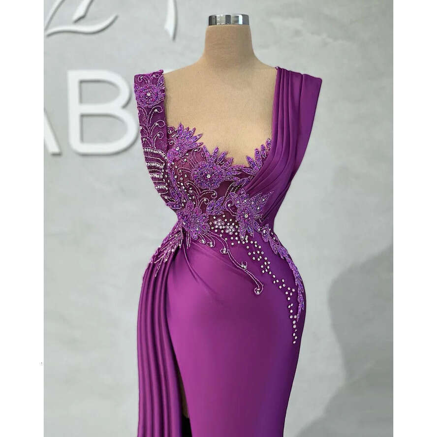 Size Arabic Plus 2022 Aso Ebi Purple Mermaid Urious Prom Dresses Beaded Crystals Evening Formal Party Second Reception Birthday Engagement Gowns Dress