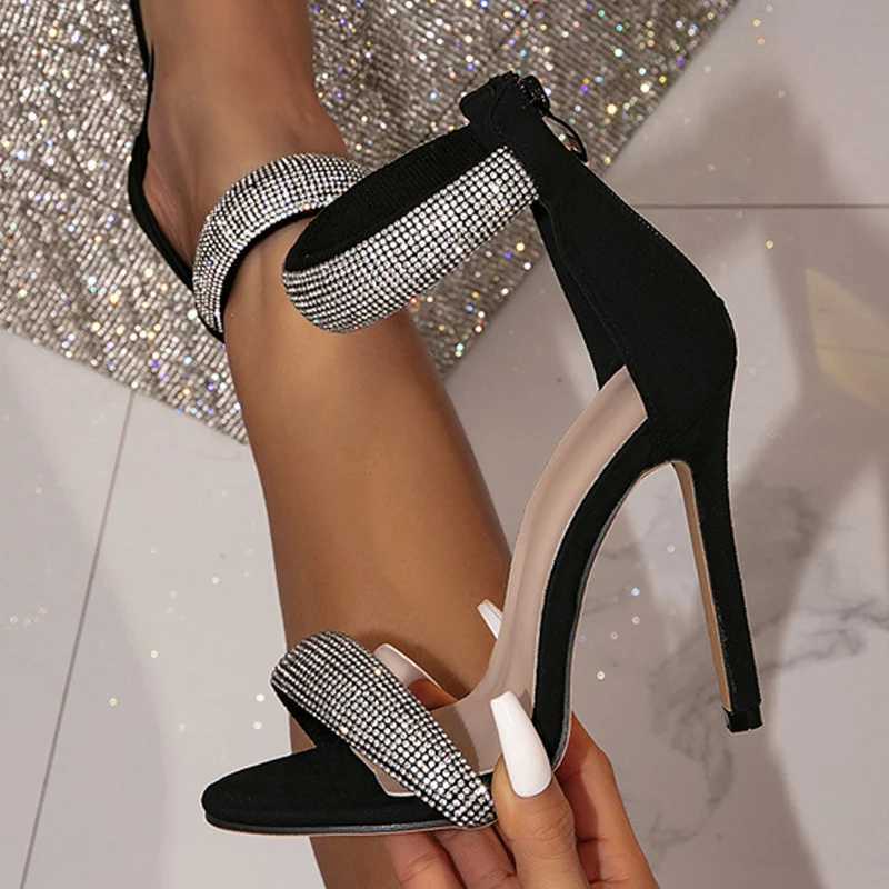 Liyke Glitter Rhinestones Ankle Wrap Zip Sandal Wen Summer Quality Fashion Open Toe Stripper H Party Dress Shoes Hot Black Z250301