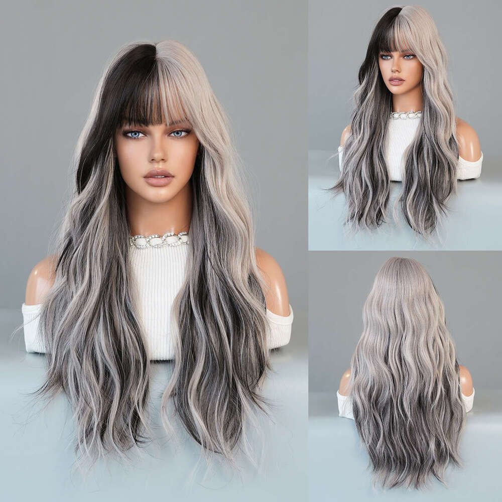 Sier Highlights Ash Synthetic Long Wavy Wig With Bangs