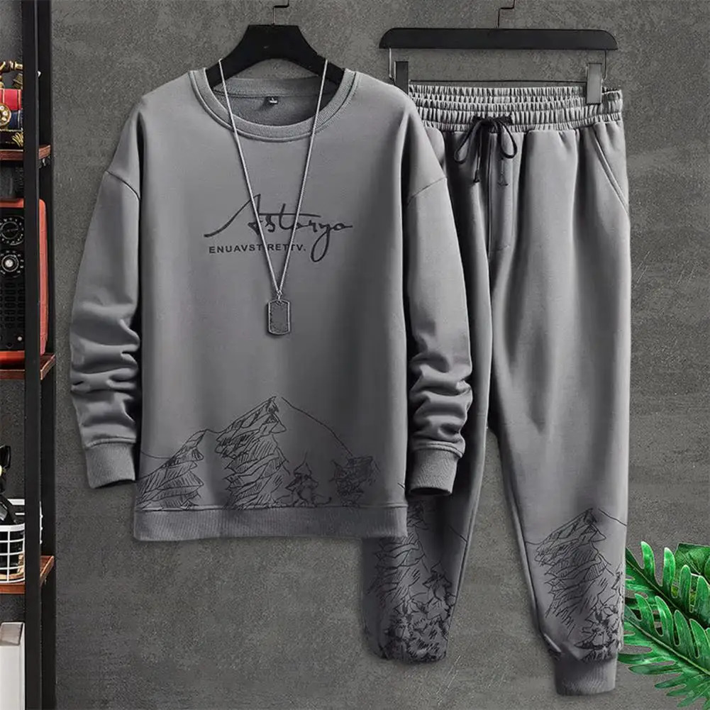 Comfortable Men Track Suit Mens Mountain Print Tracksuit Set with O-neck Sweatshirt Drawstring Jogger Pants for Autumn Winter 241017
