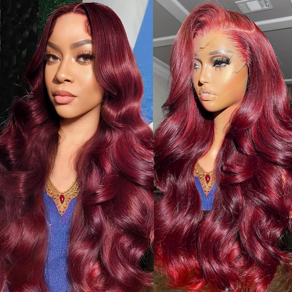 99J Bury 13X6 200 Density Frontal Wigs Human Hair Body Wave 30 32Inch 13X4 Lace Front Wig HD Transparent Wine Brazilian