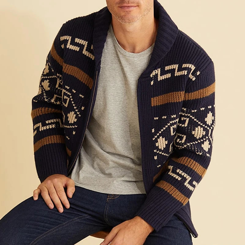 Mens Clothing Vintage Rhombus Printed Knit Zipper Cardigan Sweater Coat Long Sleeve Leisure Streetwear Knitwear 241017