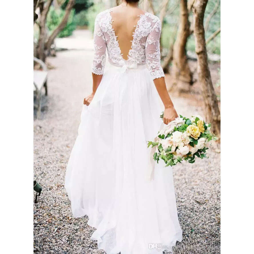 With Dresses Boho Wedding Sleeves A-E V-Neck White Chiffon Appliques Lace Illusion Bodice Bridal Gowns Casual Abito Da Sposa