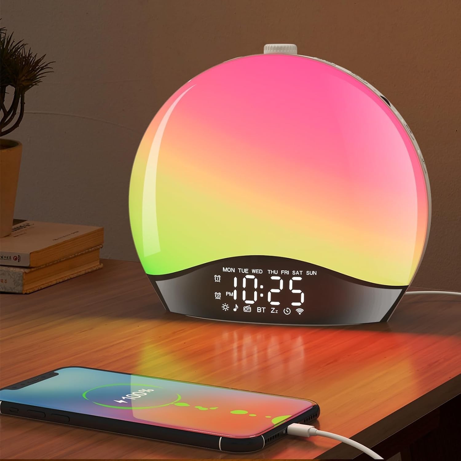 REACHER Wood Grain Sunrise Alarm Clock and Sound Machine Nightlight Digital Dimmable Clock for Bedroom 26 Sleep Sounds 240828