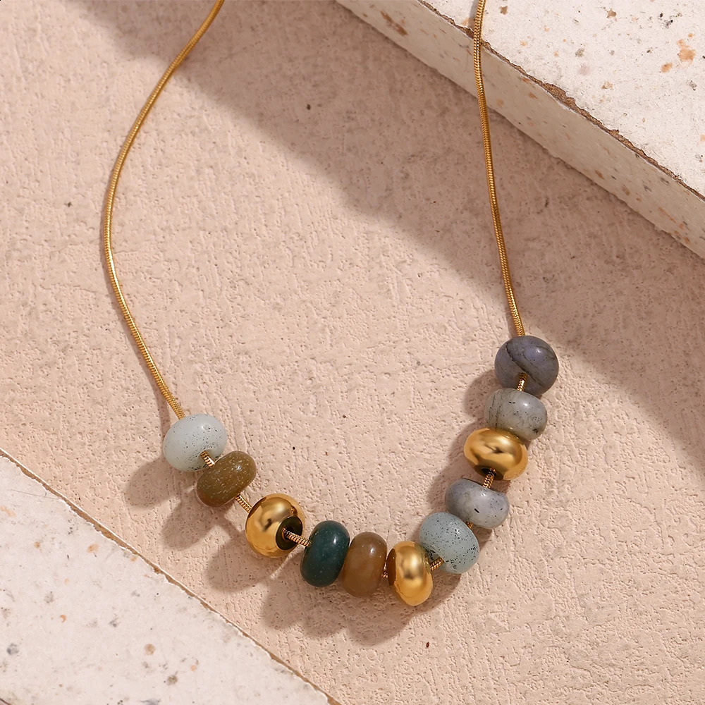 E. B.belle Natural Stone Bead Snake Chain Necklace 18K Gold Plated Jewelry 316L Stainless Steel Decoration 241017