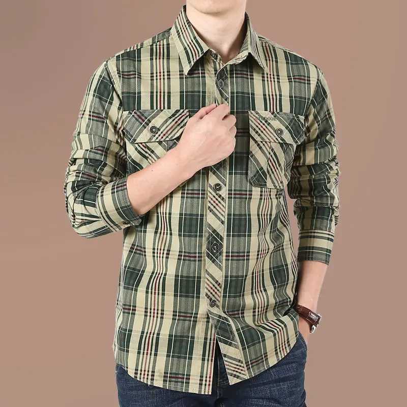 Fashion Men Military Cotton Striped Plaid Shirt Spring Autumn Long Sleeve Lapel Pocket Streetwear Vintage Casual Loose Tops 2023 LX241017